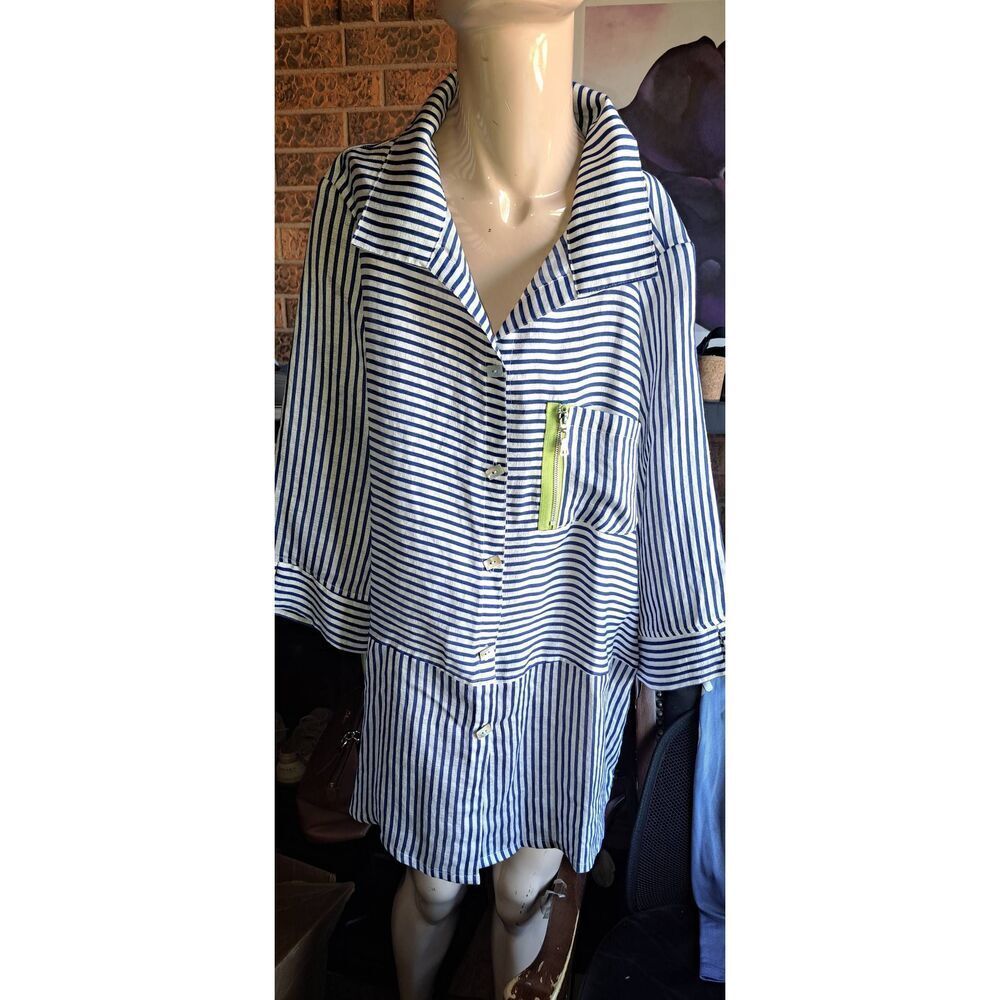 IC by Connie K 1X Blue & White Striped Zipper Shirt